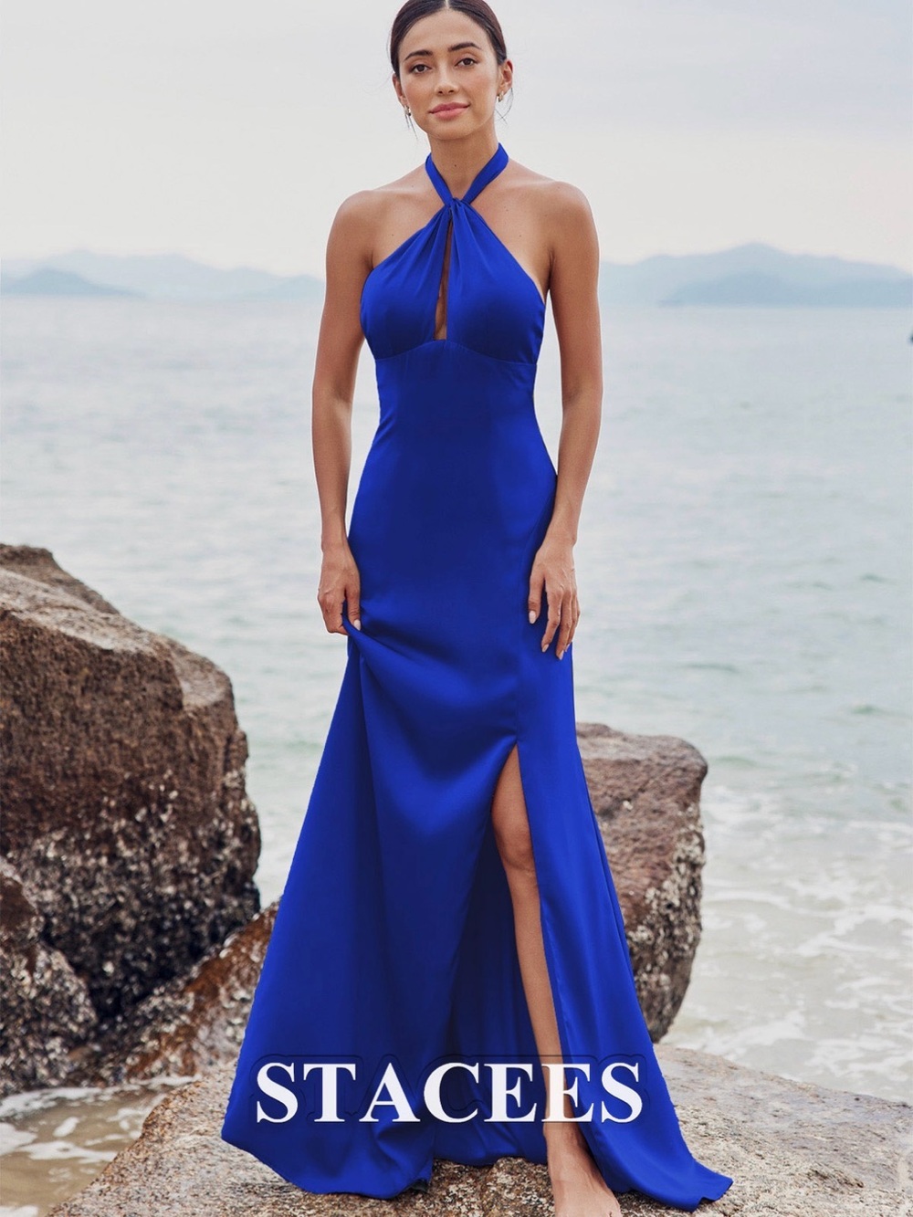 Stacees Royal Blue Halter Wedding Gown with Front Keyhole and Slit